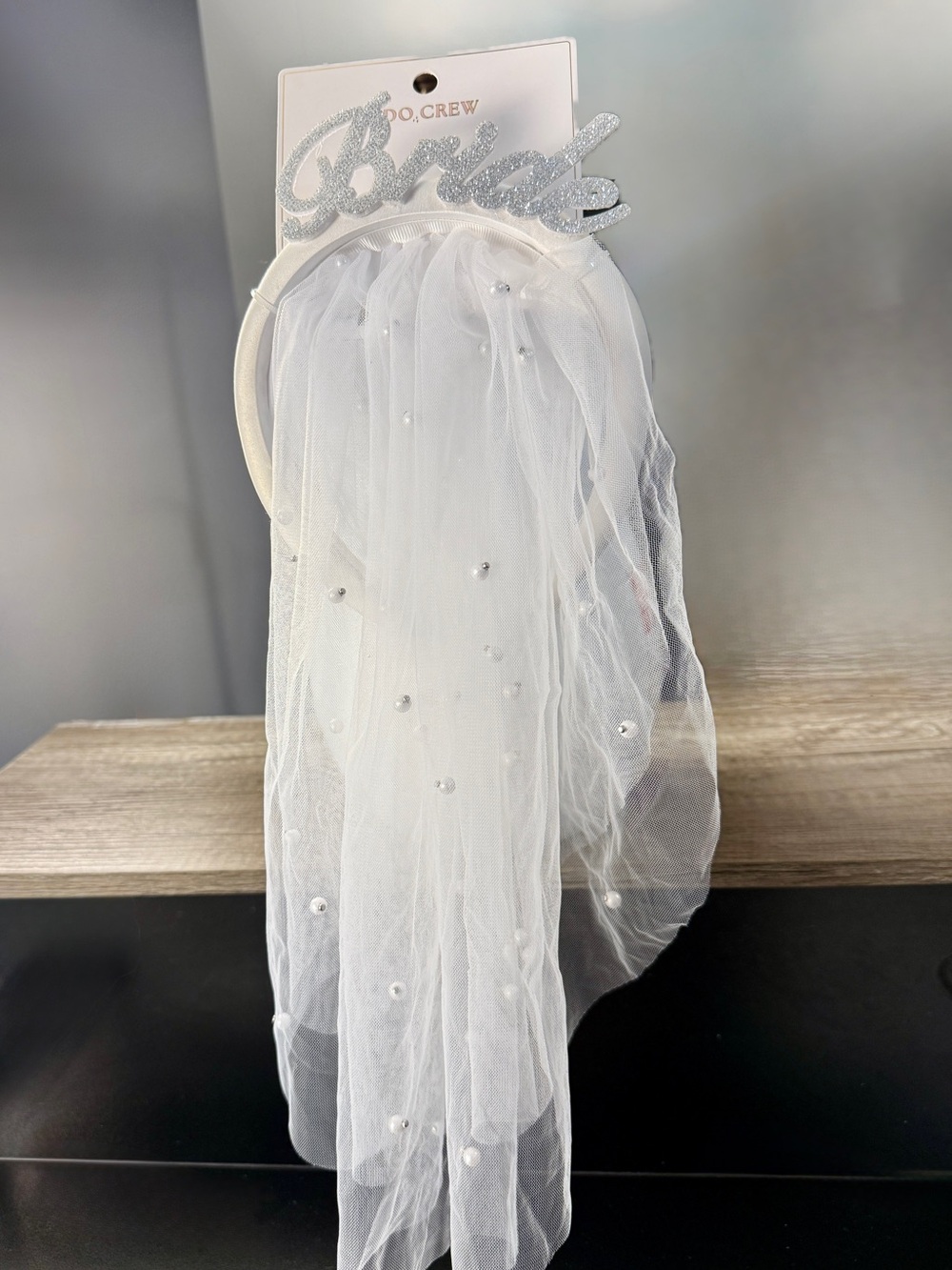 White Bridal Headband with Veil and Pearls